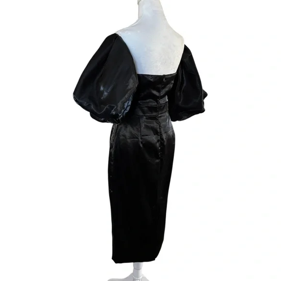 Beulah Style Black Off Shoulder Satin Midi Dress Puff Sleeves - Picture 8 of 16